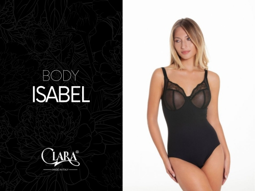 Modella indossa body Isabel nero della collezione Clara Intimo