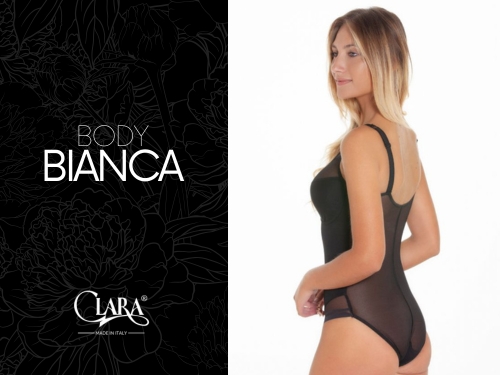 Modella indossa body con giochi di trasparenze nero Bianca della collezione Clara Intimo