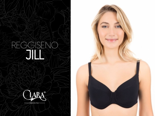 Modella indossa reggiseno nero Jill della collezione Clara Intimo.
